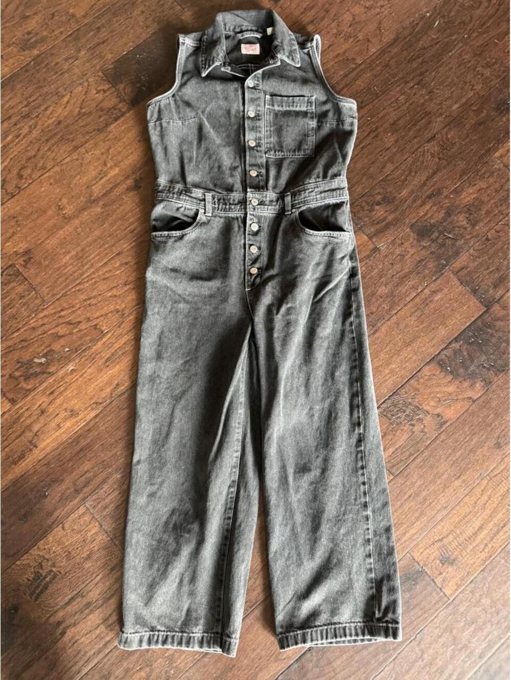 Levi’s Black Denim Sleeveless Jumpsuit Women’s Medium Wide Leg Utility Style